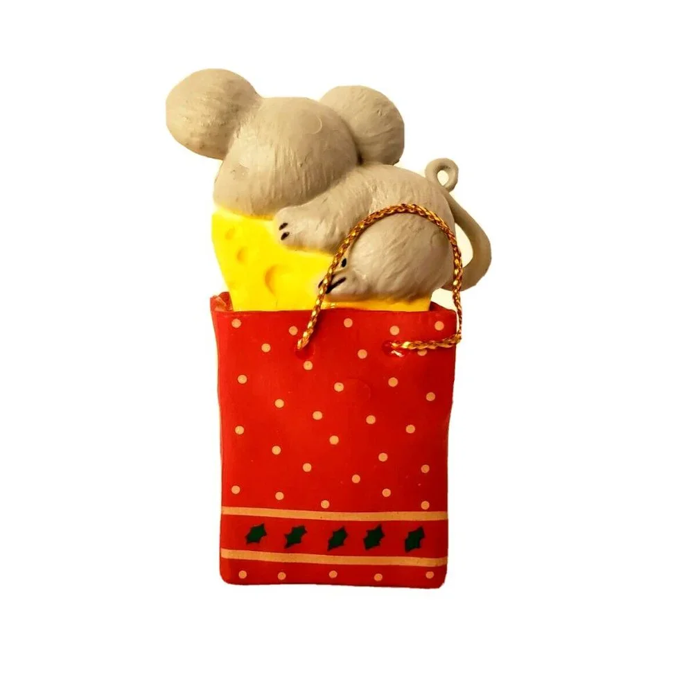 Merry Christmas MOUSE in Bag Hard Plastic Loose Hanging Ornament or Figurine EUC